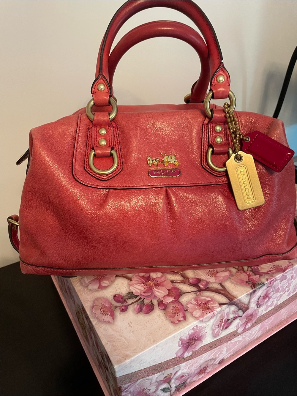 Coach Cherry Red Leather Satchel with Gold Tags
